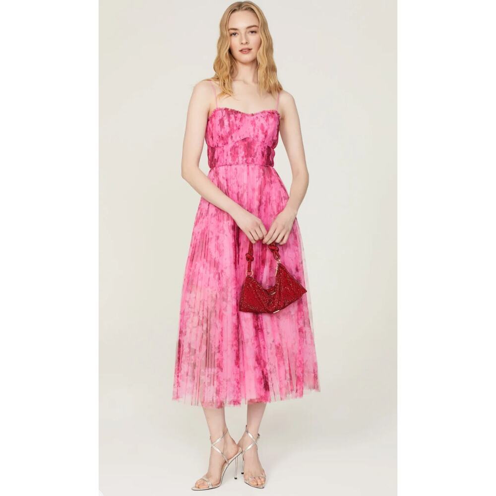 ML Monique Lhuillier Pink floral Tulle Midi Dress